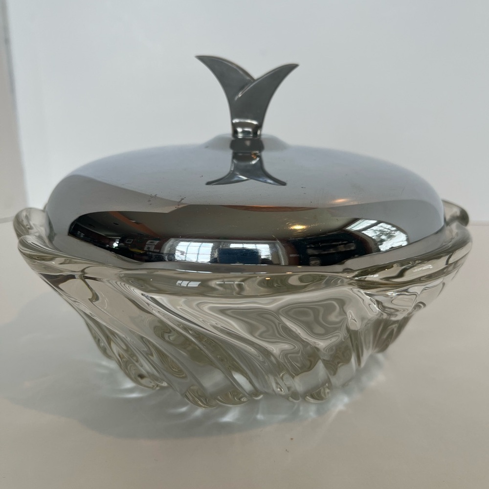 Mid-Century Modern Swirled Heavy Glass Dish with Chrome-Plated Lid
